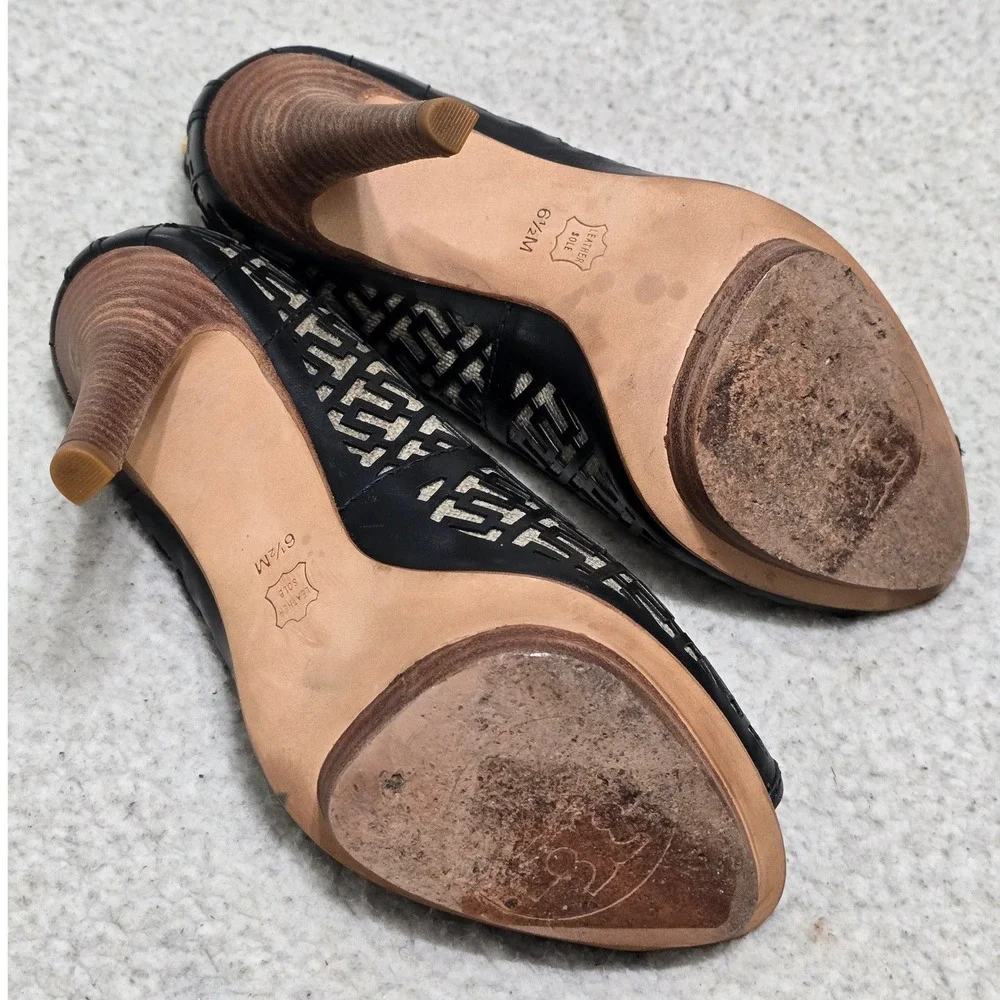 Tory Burch Black Leather Logo Laser Cut Peep Toe Platform Pumps Heels 6.5M